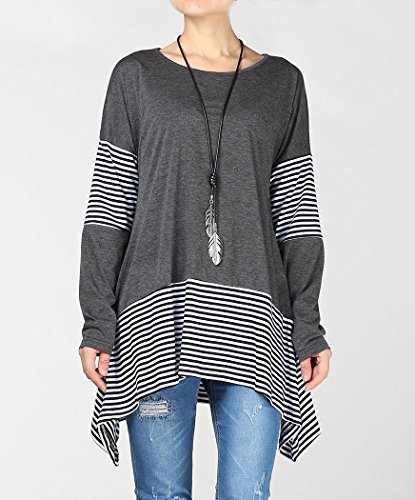 Mordenmiss Women's Stripes Asymmetry Tunic Swing Flowy Plain T-Shirt Top (3XL, Dark Gray)