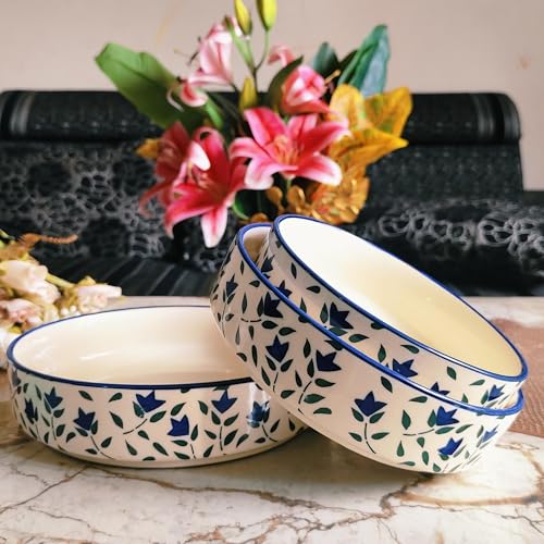 Image of Niyara Stoneware Handmade Ceramic Stylish Premium Serving Bowls /Salad Tray Microwave Dishwasher Safe (Blue Leaf Set of 3)