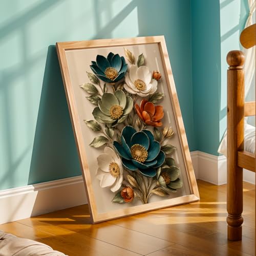 Image of NoWorries 3D Floral Wall Painting with Frame Set of 1 | Premium Textured Teal White Orange Flower Artwork, Luxury Botanical Nature Wall Decor for Living Room, Bedroom, Office and Home Decoration (3d Art-3,13x19inch)