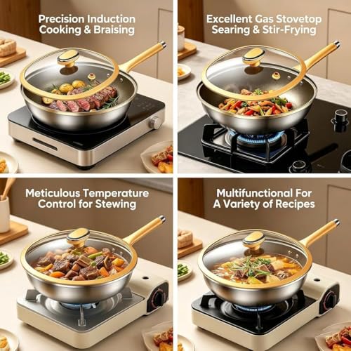 Wok antiadherente de aleación de titanio de 12 pulgadas con tapa y cesta de vapor miniatura 5