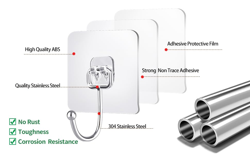 IBERDE Large Adhesive Hooks for Hanging, Clear Wall Hooks Stainless Steel Hook Coat Towel Hooks for Bathroom, Decorative Rack Door Hanger for Home, Drill Free No Damage Utility Hooks (20 Pack)