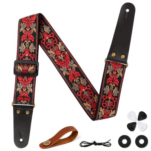 Aucuu Correa de Guitarra, Guitar Strap de Algodón, Bordado de Las Correas de Guitarra, 4 Púas de Guitarra, 2 Cierres de Correa de Goma, Extremos de Cuero Genuino, para Bajo Guitarra,Eléctrica,Acústica