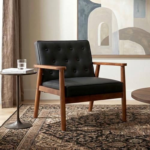 Image of JIASTING Black Accent Chair, Faux Leather Chair with Solid Wood Armrest