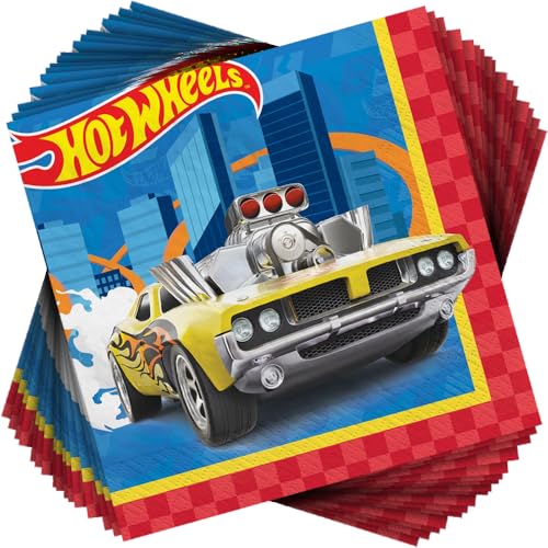 Guardanapos de papel multicoloridos Hot Wheels para almoço (16,5 cm x 16,5 cm) 16 unidades - guardanapos absorventes e de qualidade premium, perfeitos para festas e eventos temáticos