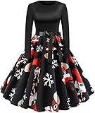 Womens Dress Long Sleeve Xmas EIK Tree Printed Dress A-line Vintage Cocktail Holiday Party Dress Black