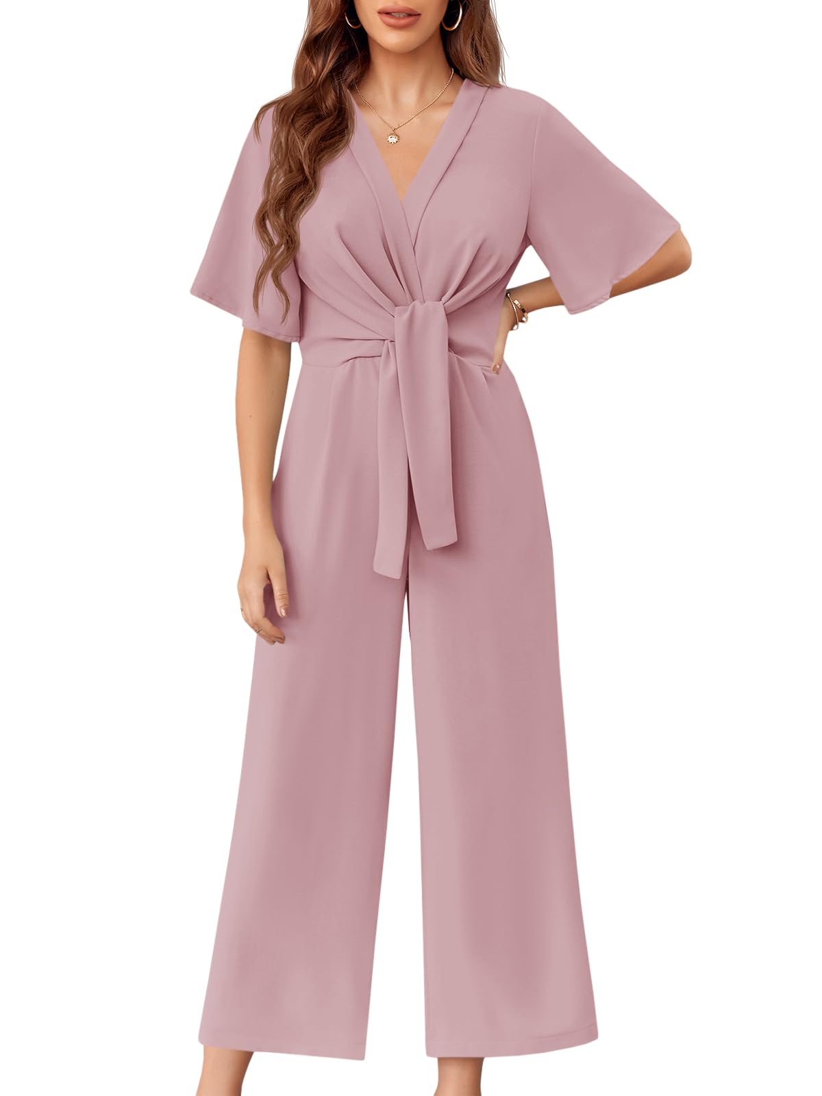 GAMISOTE Womens Wide Leg Jumpsuits Short Sleeve Tie Knot Front Summer Long Romper
