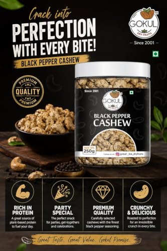 Image of GOKUL Black Pepper Cashews 250g | Exotic Pepper Vrat Kaju | Non-Fried Roasted Jumbo Cashew Nuts | Crunchy Healthy Snack | Rich in Protein