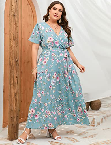 Image of ShopWonder Womens Plus Size V Neck Wrap Maxi Dress High Waist Ruffle Summer Casual Dress with Belt