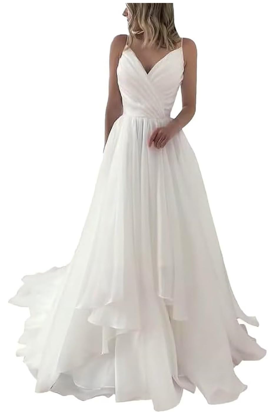 YIANN Robe de mariée en tulle pour femme - Sans manches - Longue robe de mariée plissée à bretelles spaghetti - Robe de fête de fiançailles