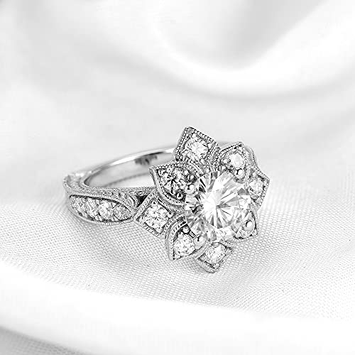 Doveggs 14K Gold Quality Silver Moissanite Engagement Ring For Women Center 2Ct 8Mm G-H-I Color Brilliance Round Created Antique Art Deco Moissanite Floral Euro Shank Halo Solitaire With Accents （7） #TOP3