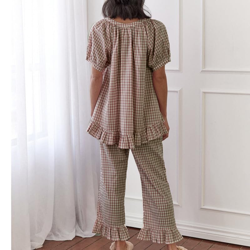 Image of Argeousgor Women Plaid 2 Piece Pajama Set Button Down Puff Sleeve Babydoll Shirt Gingham Pants Pj Lounge Set Sleepwear