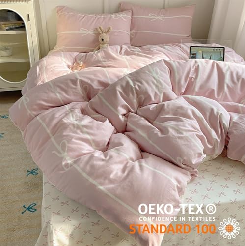 Image of Nayoroom Pink Bow Duvet Cover Queen Size Kids Girls Cute Coquette Bedding Set 3 Pcs Soft Microfiber Reversible White Striped Comforter Cover Gifts for Women