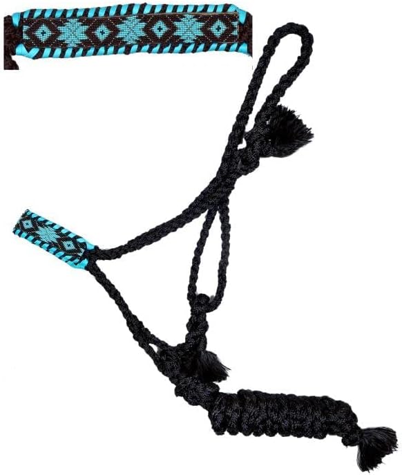 Showman Black Nylon Mule Tape Halter w/Black & Teal Southwest Beaded Design, Average Full Size Horse