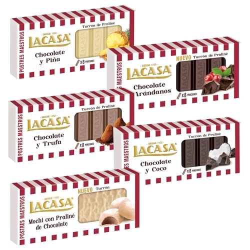 Pack Surtido 5 Turrones de Chocolate Lacasa:Arándanos, Coco, Piña, Trufa, Mochi con Praliné