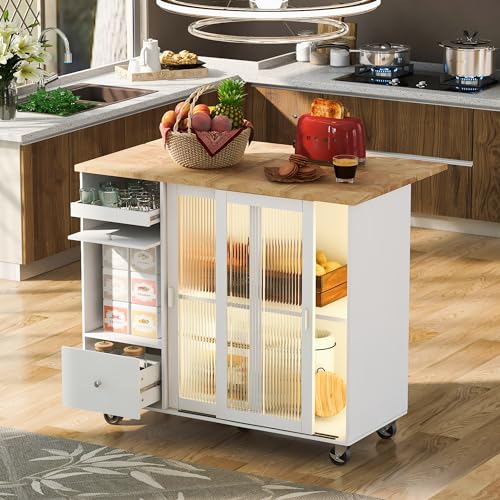 GOTOME Mobile Kitchen Island with LED Light Kitchen Cart Table