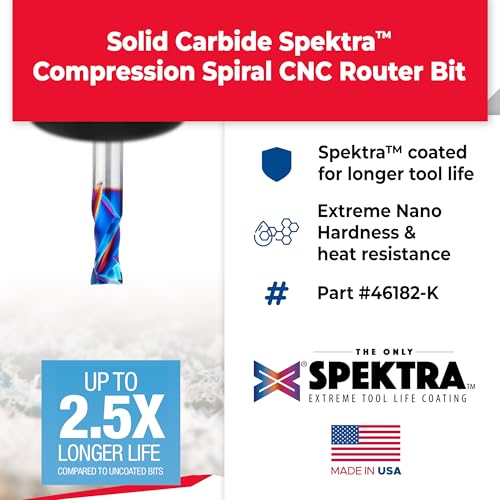 Image of Amana Tool Spektra Extreme Tool Life Coated Solid Carbide CNC Compression Spiral Router Bit, 46182-K, 1 /2 D x 1 CH x 1 /2 Shank x 3 Inch Long