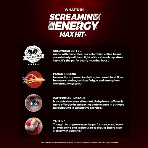 Screamin Energy Max Hit - Maximum Strength Energy Shot With Ginseng & Caffeine - Coffee Mocha, 24 Ct #TOP3