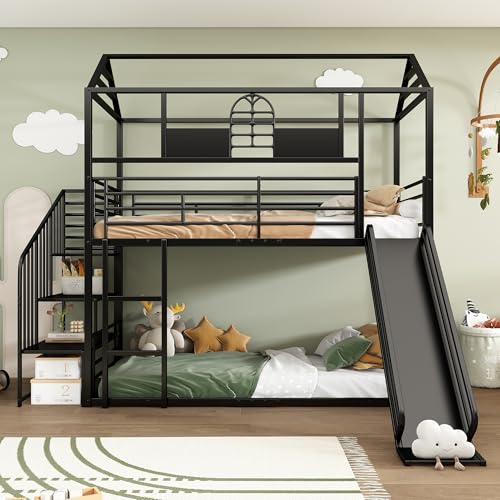 Aoskem Kinderbett Etagenbett 90x200, Hochbett Hausbett Metallbett mit Rutsche & Seitenleiter, Dach & Fenster, Eisenbett Bettgestell mit Rausfallschutz & Lattenrost, Jugendbett, Ohne Matratze, Schwarz