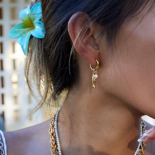 Beach Fish Earrings for Women - Boho Pearl Red Bead Fish Earrings, Bohemian Beach Jewelry | Ocean Waterproof Beachy Jewelry for Vacation2