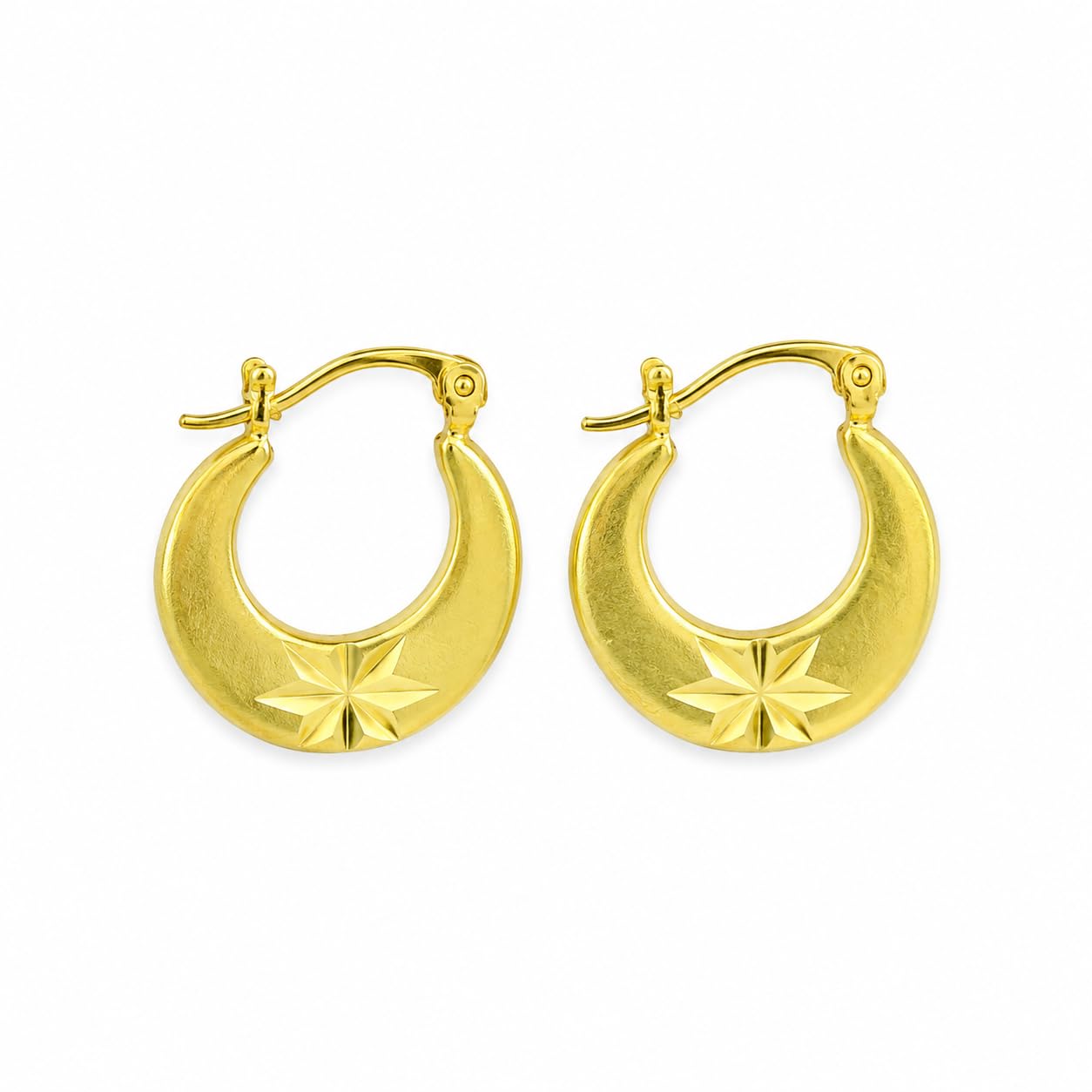 Gold Plated Stainless Steel Hoop Earrings for Men, Star Engraved Crescent Huggie Hoops, Clip Lock Closure, Pair-image-3