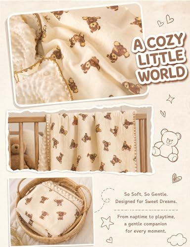 Image of Baby Blanket 40x40 Inches,Muslin Cotton and Minky Dotted Double Layer Soft Receiving Blanket for Newborn Toddler,Cuddle Bear