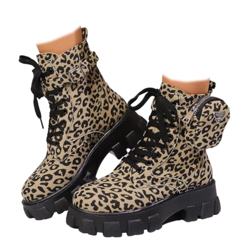 Combat Boots for Women,Winter Platform Leopard Mid Heel Boots Chunky Low Heels Lace Up Buckle Ankle Booties with Bags