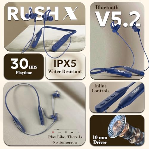 Image of TEMPT Rush X Neckband with 30 Hours of Playback Time, Vibration Alert, BT V5.2, 10mm Drivers with Copper Ring, Crystal Clear Sound (Blue)