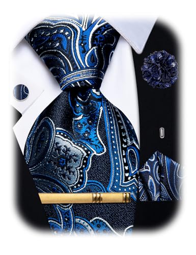 Image of YourTies Silk Paisley Floral Tie and Pocket Square Cufflinks with Lapel Pin Sets for Men 5PC Wedding Party