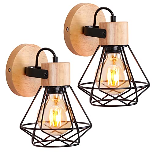 iDEGU Lot de 2 Applique Murale Industrielle, 16CM Vintage Lampe Murale Interieur en Bois Fer Rétro Design Lustre Plafonnier Réglable Luminaire E27 Éclairage...