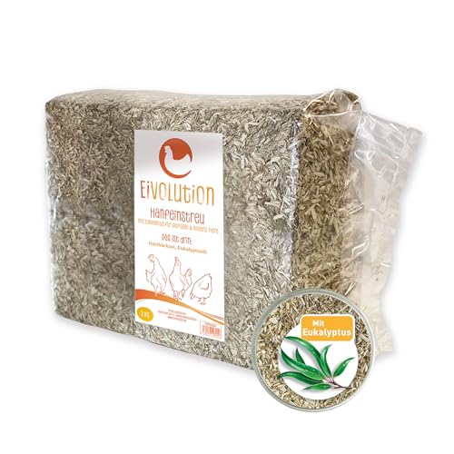 eivolution Hanfeinstreu mit Eukalyptus - 3 kg Ballen - Saugfähige, Geruchsbindende Einstreu für Hühner, Geflügel und Pferde