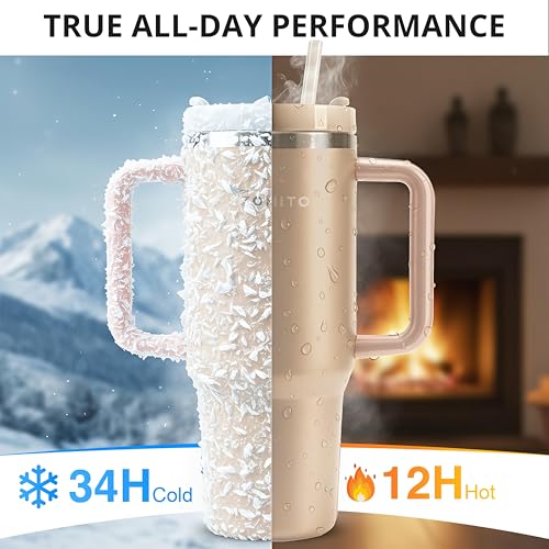 Image of 30 oz Tumbler with Handle and Straw, Vacuum Insulated Stainless Steel Travel Mug, Leakproof Large Cup Keeps Drinks Cold for Hours, Fits Car Cup Holder, Beige