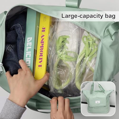 Image of Large Capacity Folding Travel Tote Bag, Oxford Fabric Waterproof Lightweight Foldable Travel Duffel Bag, Portable Expandable Travel Bag, Dry and Wet Separation Carry On Bag for Airplanes (Green)
