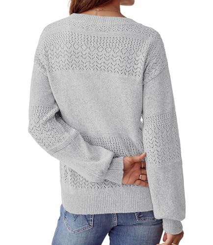 NORACORA Womens V Neck Fall Sweaters 2025 Casual Long Sleeve Ribbed Knit Pullover Lightweight Crochet Pullover Sweater Tops Grey — view 4