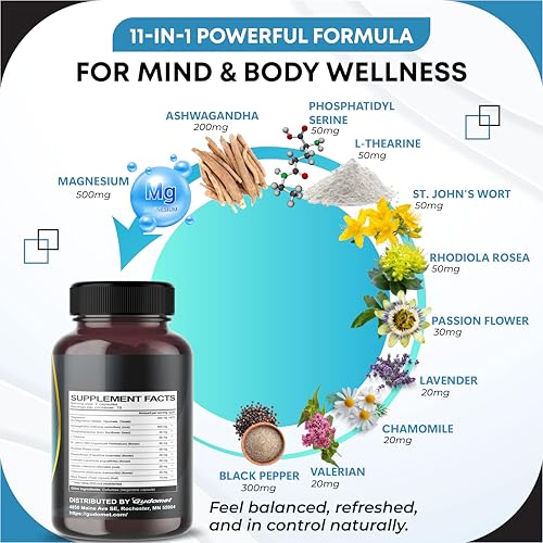 CORTISOL Wellness Magnesium Ashwagandha L-Theanine Phosphatidylserine Rhodiola Rosea Passionflower Lavender Chamomile -150 Capsules- Made in USA - Image 5