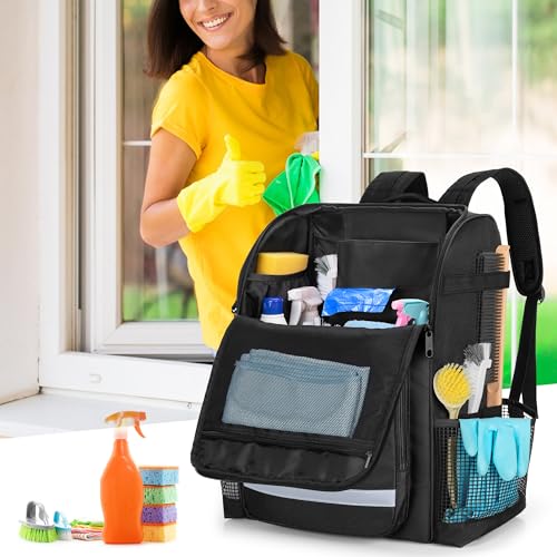 LoDrid Rucksack für Reinigung mit Verdickten, Verstellbaren Schultergurten, Großer Reinigungstasche mit Mehreren Taschen für Hausarbeit, Schwarz (Patentiertes Design)