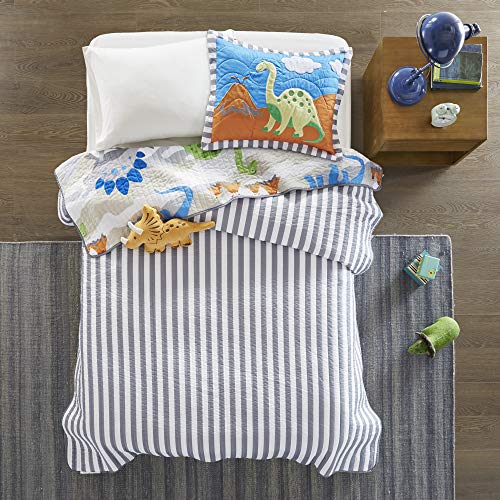 Mi Zone Kids Little Foot Bedding Sets Boys Quilt Set, Dinosaur Kids Quilt For Boys – Cotton Filling Ultra Soft Microfiber Quilt Sets Coverlet, Full/ Queen, Blue 4 Piece #TOP1