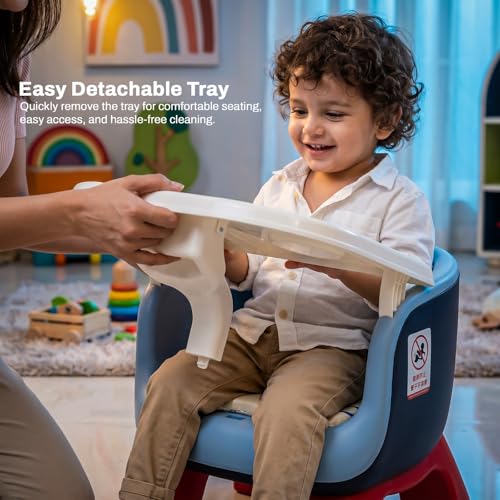 Image of Baybee Booster Chair for Baby with Detachable Food Tray, Anti-Slip Wide Legs & Soft Cushion Seat with Music | Portable Feeding Chairs for Kids Home & Travel - 0 to 3 Years (Blue)