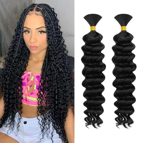 Deep Wave Human Braiding Hair for Boho Braids - 16 Inch 80G 2 Bundles/Pack Natural Black, 12A...