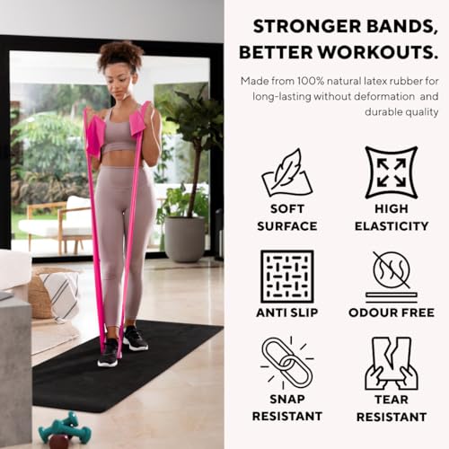 Image of PulseITThera Resistance Bands for Workout. Pilates, Yoga & Home Exercise Bands. Latex Thera Bands for Gym, Strength Training, Stretching & Toning. Fitness Bands for Men & Women (Pink)