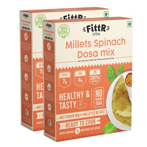 FittR biTes Millets Spinach Instant Dosa Mix |Iron rich | Protein rich | Weight loss| Diet foods | Palak |10 dosas each |(Pack of 2 x 250 gms)