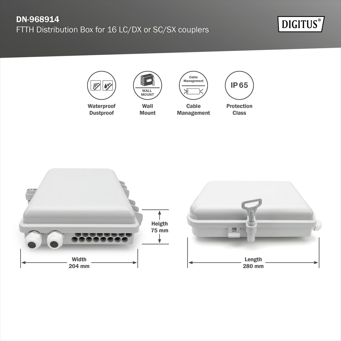 DIGITUS Scatola di distribuzione FTTH da esterno - 16x LC/Duplex o 16x SC/Simplex - Classe di protezione IP65 - Cassetta di giunzione per fibra ottica - Grigio