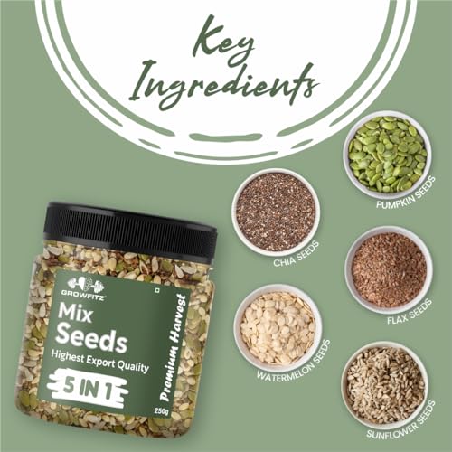 Image of Growfitz 5-in-1 Super Seed Mix | Pack of 2 (250g Each)| 20.5g High Protein & Fiber | Roasted Pumpkin, Sunflower, Flax, Chia, Soy Nuts & Sesame | Healthy Snack | Export Quality Superfood