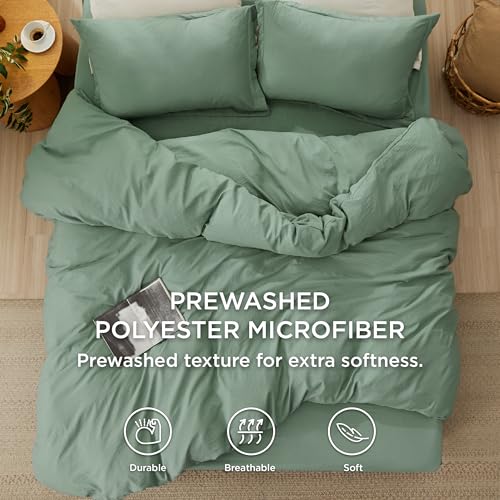 Image of Bedsure Duvet Cover King Size with Fitted Sheet - 4 Pieces Prewashed Cotton-Like Polyester Extra Soft Bedding Set, Includes 1 Duvet Cover 104x90 Inches, 2 Pillow Shams, 1 Fitted Sheet, Sage Green