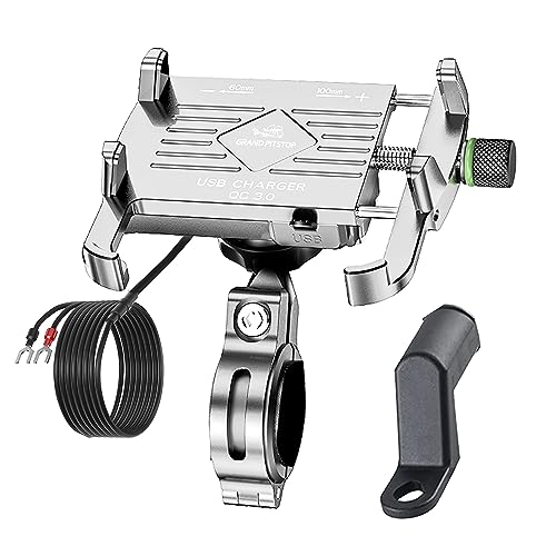 Image of GRAND PITSTOP Mobile Holder for Bikes, Motorcycle, Scooter, Bicycles, Claw Jaw Grip with Charger Bike Mobile Holder, Aluminium Cellphone Holder for Maps and GPS & 360 Rotation Phone Mount-Silver