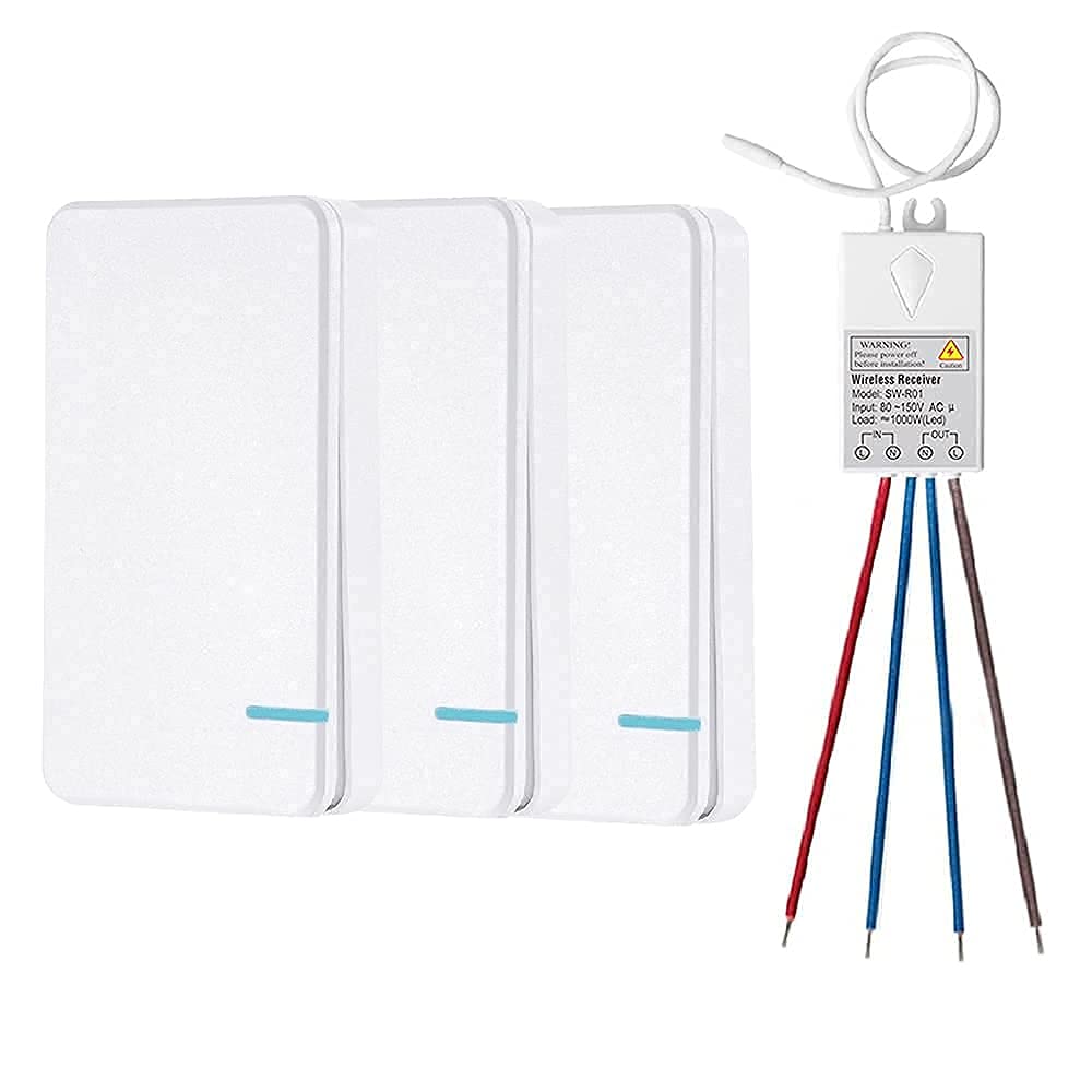 ThinkbeeWireless Light Switch and Receiver Kit - No In-wall Wiring or WiFi Needed - Remote Control for Outdoor Lights, Ceiling LED Lamps (3 Switches & 1 Receiver)