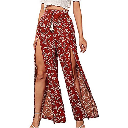 Womens Trendy Print Palazzo Pants Split Thigh High Waisted Belted Prom Plus Size Flowy Wide Leg Pants Beach Trousers