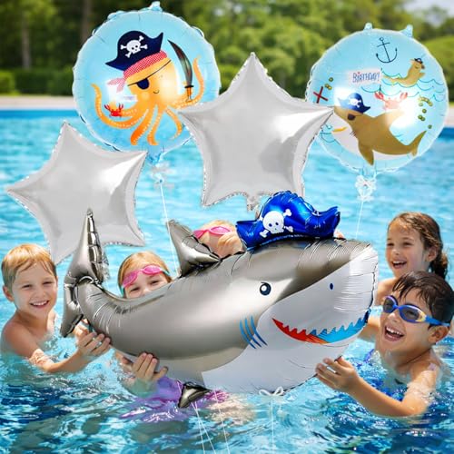 Image of Rozi Decoration Pirate Shark Theme Foil Balloon Set with Star Shape Balloons for Kids Birthday Party Decoration, Ocean Theme Party Decor, Cartoon Shark Balloon Combo for Home Celebration