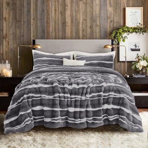 Image of Wonderful 3 Pieces Fluffy Faux Rabbit Fur Comforter Set King Size, Dark Gray Plush Fuzzy Bedding Set, Animal Stripes Design Warm Soft Comforter Bedding Set for All Season,104 inchx94 inch