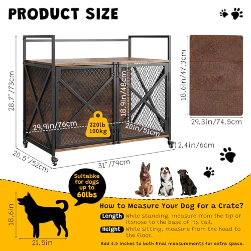 31 Inch Dog Crate Furniture, Heavy Duty Decorative Dog Cage with Lockable 360° Wheels, Double Door Dog Kennel End Table for for Small Medium Large Dog, Rustic Brown