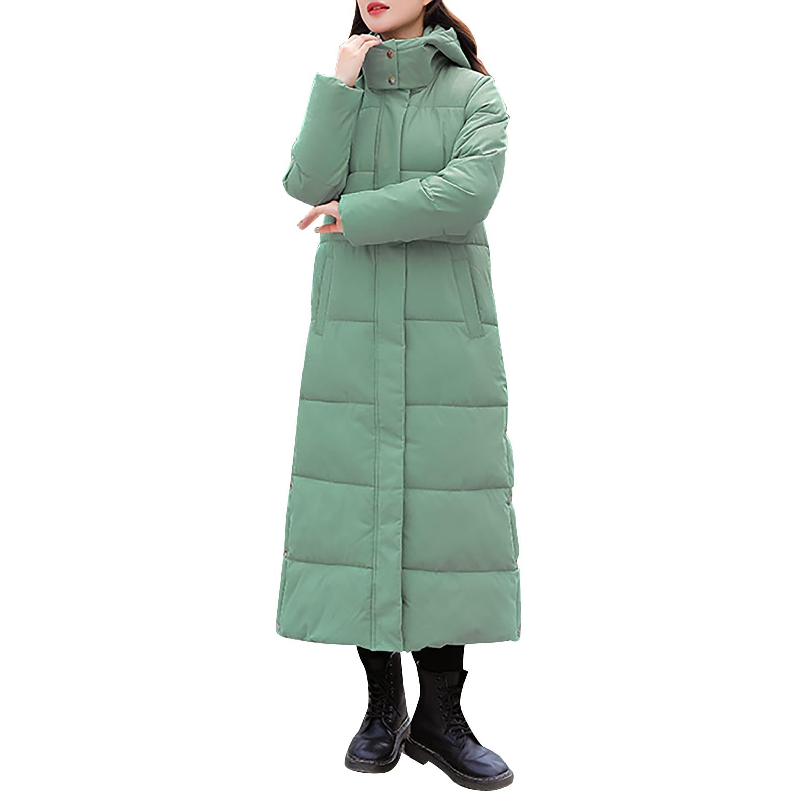 Teptdirio Women's 08#-Green Down Maxi Winter Jacket With Hood, Extra Long, Thickened Puffer, Padded Coat